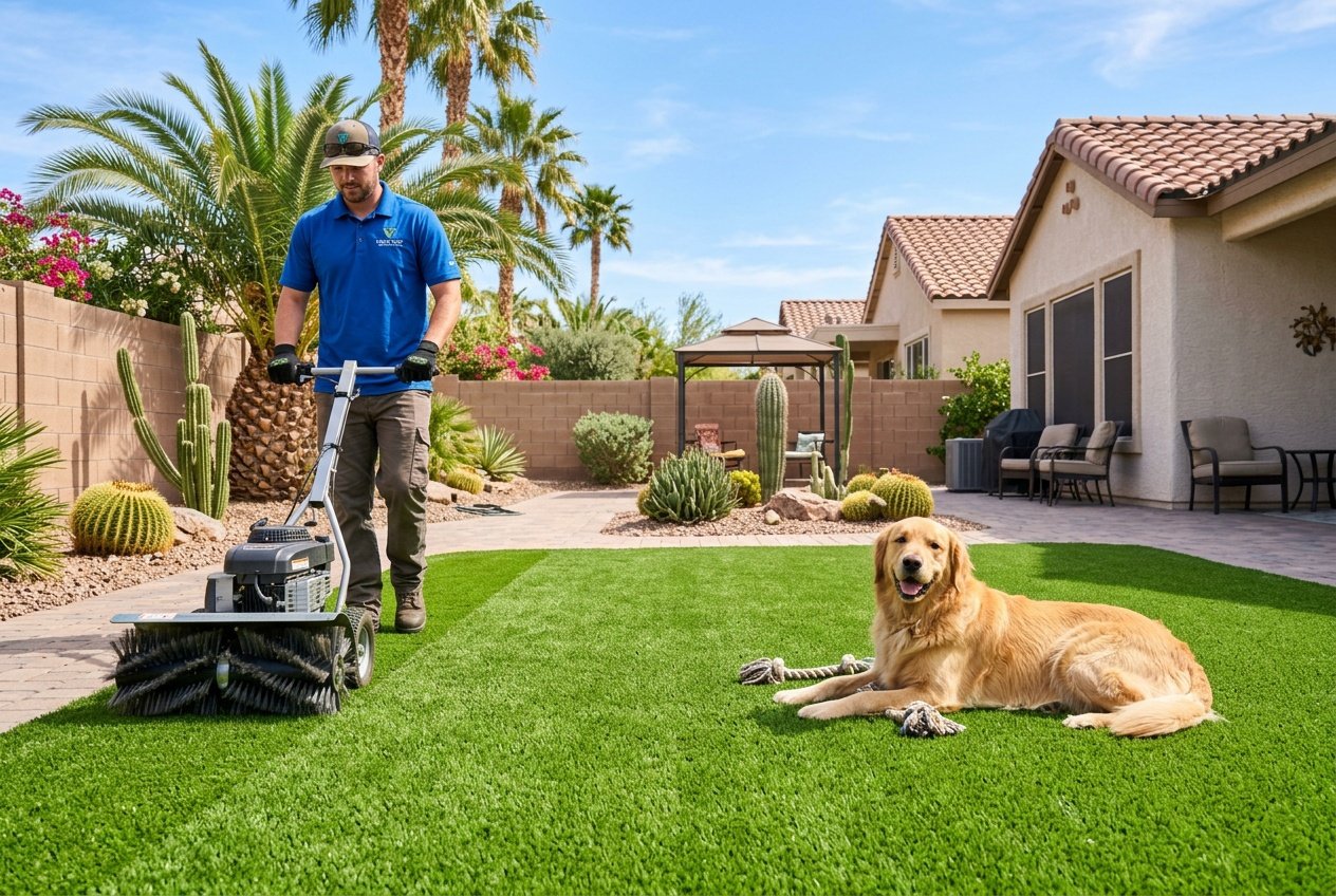 A person cleaning artificial turf in a sunny backyard with a golden retriever dog resting on the grass.