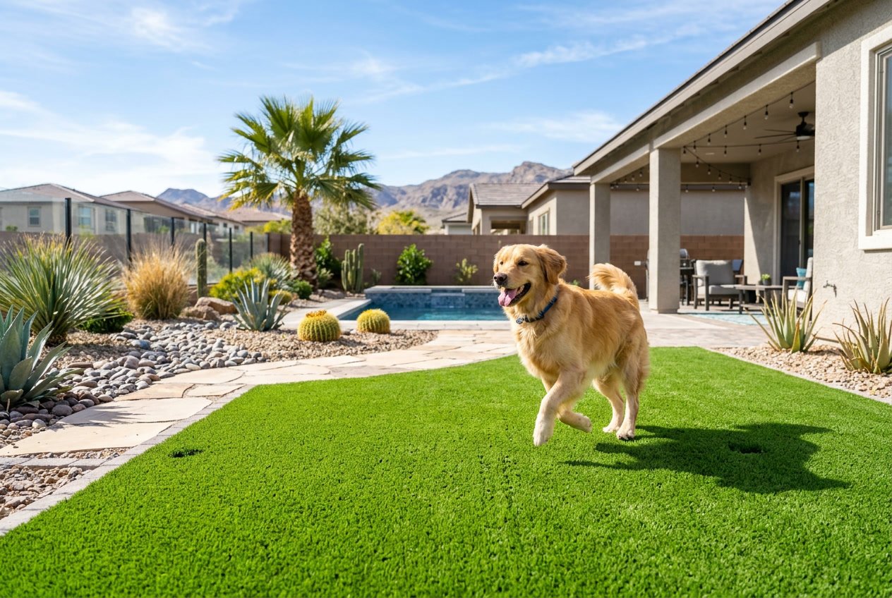 A happy dog playing on clean green artificial turf in a sunny Las Vegas backyard with desert plants in the background.