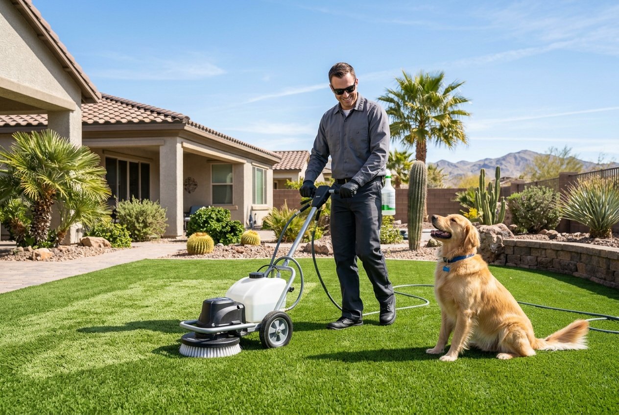 A technician cleaning artificial turf in a sunny backyard while a dog plays nearby, with desert plants and a house in the background.