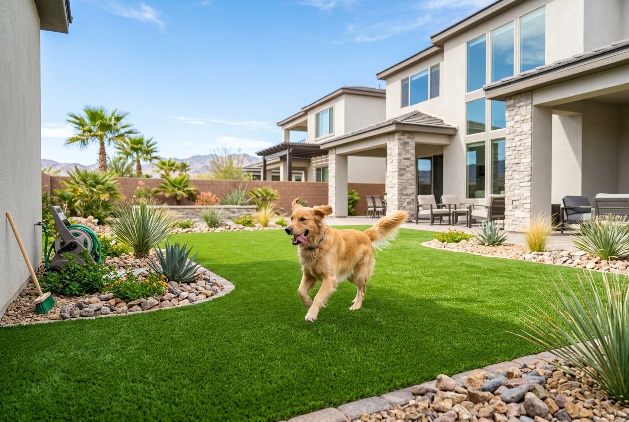 A happy dog on a clean artificial turf lawn in a sunny backyard with desert plants and a modern house in the background.