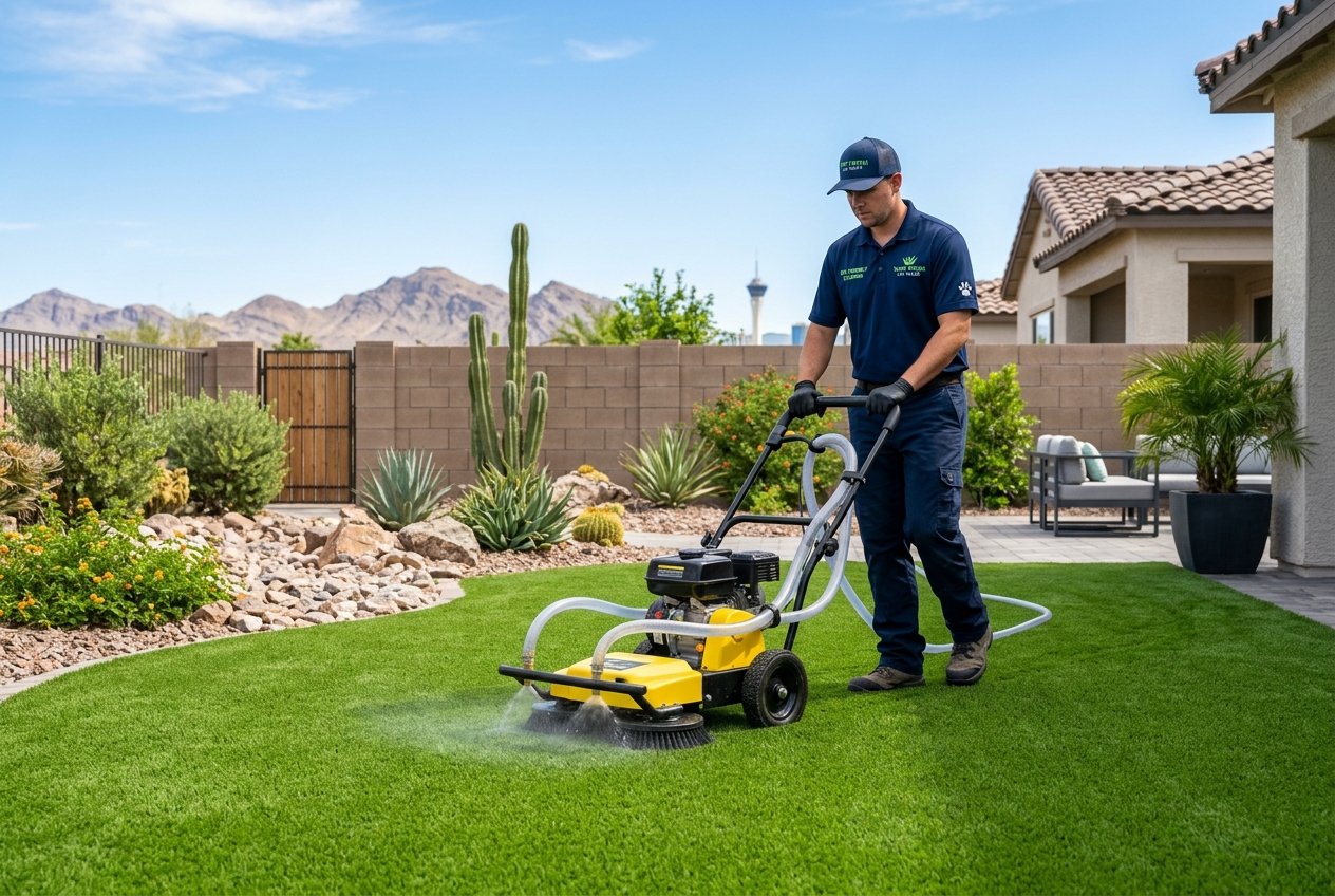 A professional cleaner using a pet-friendly cleaning machine on artificial turf in a sunny backyard with desert plants in the background.