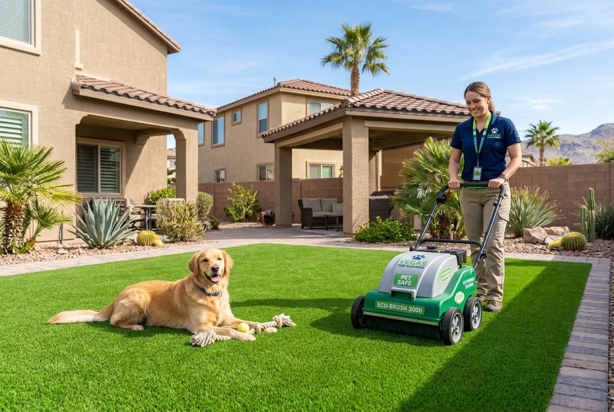 A dog resting on clean artificial turf in a sunny backyard with a technician cleaning the turf nearby.